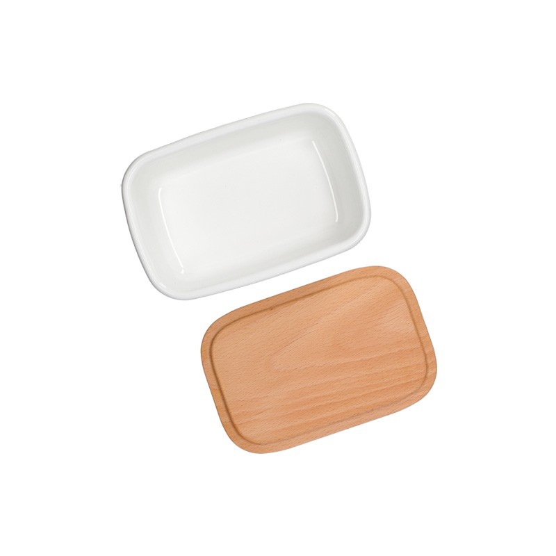 Cuisine et vaisselle - Beurrier émail avec couvercle bois Viennoiseries 500ml - Kiki la peti